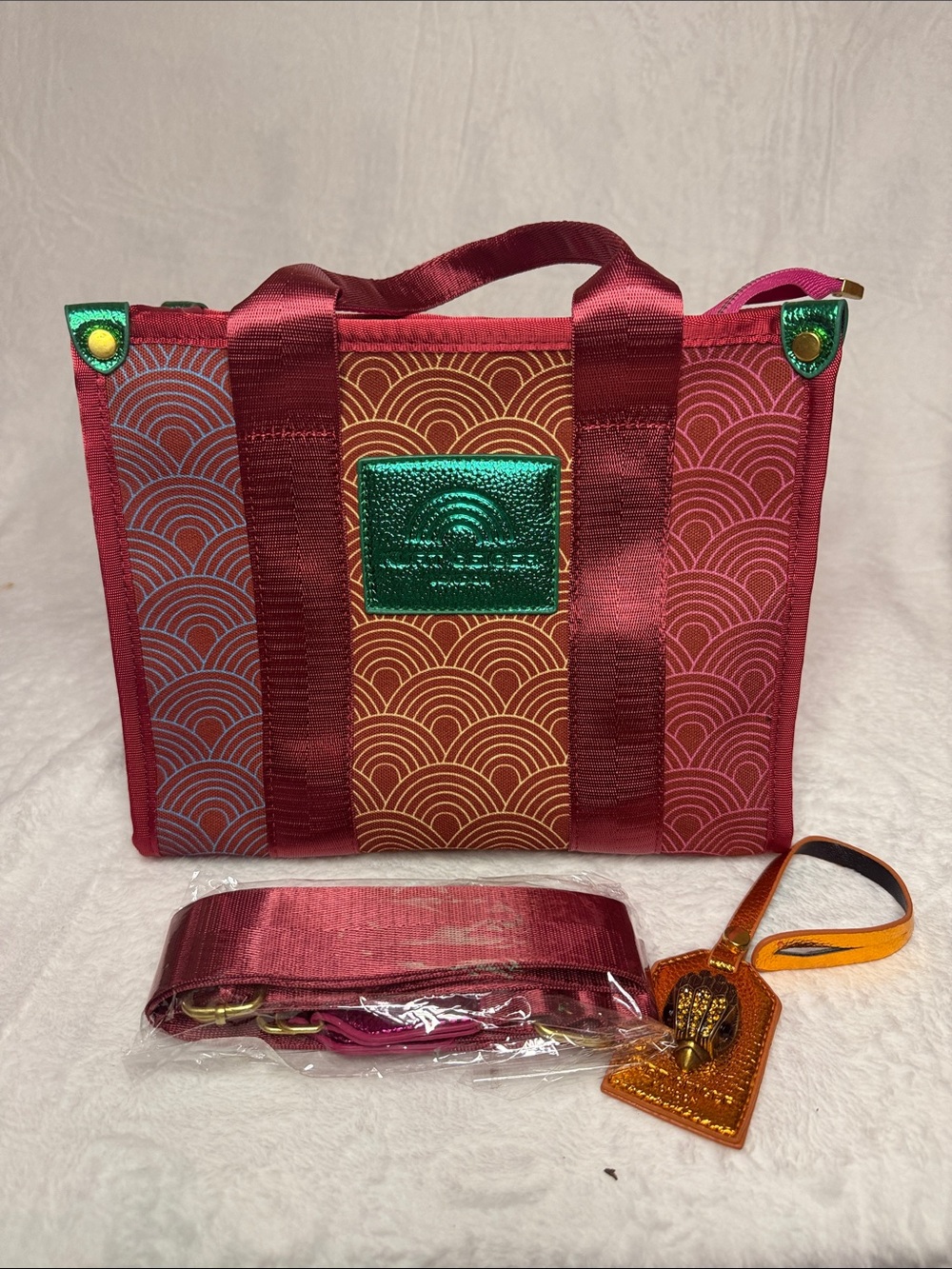 Maroon Patterned Tote with Metallic Green Accent